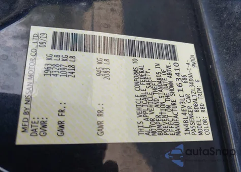 2020 Nissan Altima Sl from USA, damaged, VIN 1N4BL4EV3LC163410